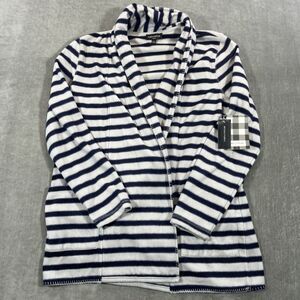 NWT Lord & Taylor Women Petite Small Navy Blue Tonal Striped Open Front Cardigan